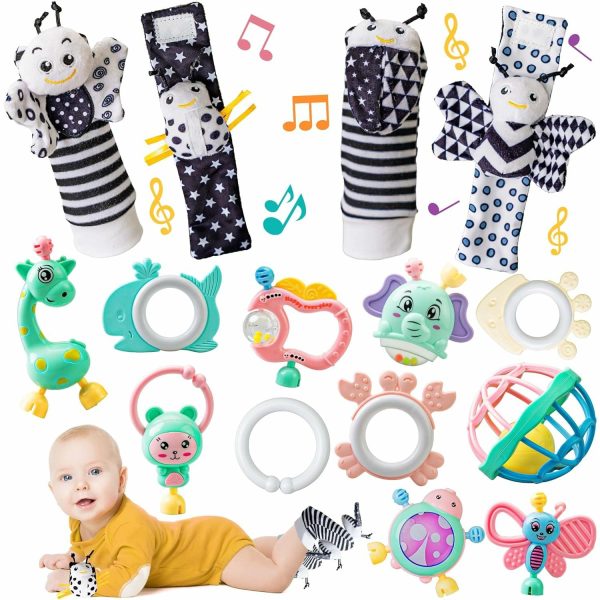 15Pcs Baby Wrist Rattles & Foot Finders Sock, Nyfödd Hand- och fotklappare/Smaklåda för spädbarn, Pedagogiska utvecklingsleksaker för spädbarn, Klappsockar för barn 0-12 månader, present…  |   Rattle & Plush Rings Rattle & Plush Rings Flerfärgad