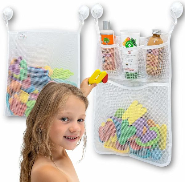 2 X Mesh Bath Toy Organizer + 8 Ultra Strong Hooks – Perfekt badkarsleksakshållare & badrumsskåp – Dessa mångsidiga nätväskor gör det enkelt att lagra barnets badleksaker – För barn och småbarn  |   Badleksaker Badleksaker Badleksaker