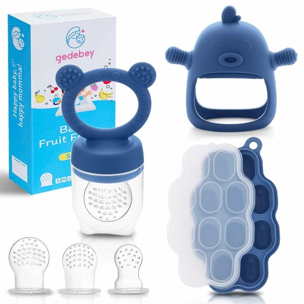 Baby Fruit Matningsskydd – 3 Pack | 1 Baby Matningsskydd & 1 Baby Tuggleksak & 1 Baby Isbitform | Bröstmjölk Isbitform | Baby Tuggleksaker | Baby Frukostmatningsskydd Pacifier Barn (Stålblå)  |   Tandbitar Tandbitar 06. Stålblå - Set 2