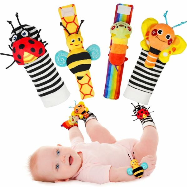 Babyarmband klappklack och fotfinnare-set. Perfekta babyleksaker för 0-12 månaders nyfödda pojkar och flickor som dopgäster. Trädgårdsskadedjurs-serie.  |   Rattle & Plush Rings Rattle & Plush Rings Multicolor