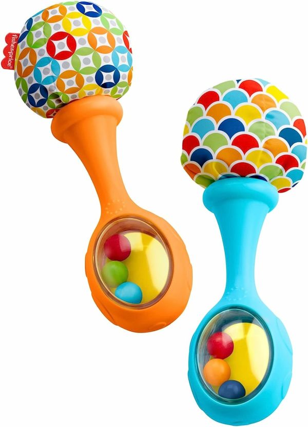 Fisher-Price nyföddleksaker Skaka och Rulla Maracas, Set av 2 mjuka musikaliska instrument för spädbarn 3+ månader, Blå och Orange  |   Rattle & Plush Rings Rattle & Plush Rings Multicolor