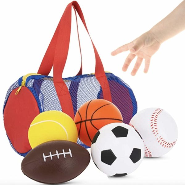 Foamsportleksaker med väska – Set med 5 – Inkluderar fotbollsboll, basketboll, fotboll, baseboll och tennisboll – Lämpliga för barns små händer att greppa – Bollar för barn och småbarn i åldern 1-3  |   Bollar Bollar Bollar