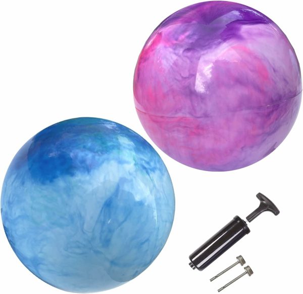 Marmoriserade bouncy balls – Set med 2 stora inflatoriska bouncy balls med handluftpump och 2 pin nålar  |   Bollar Bollar Blå+Lila