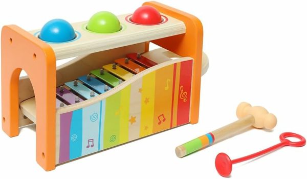 Pund & klappbänk med skjutbar xylofon – Belönad hållbar trämusikverktyg för småbarn, gult  |   Hammering & Pounding Toys Hammering & Pounding Toys Gul