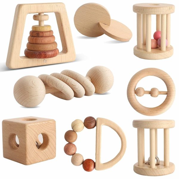 Träleksak 8Pcs  Montessorileksaker För Barn 1-3 År  Träklappleksakssätt För Barnets Grepp  Sinnesutveckling  Present För Barnpojkar Flickor (Naturligt Trä)  |   Rattle & Plush Rings Rattle & Plush Rings Rattle & Plush Rings